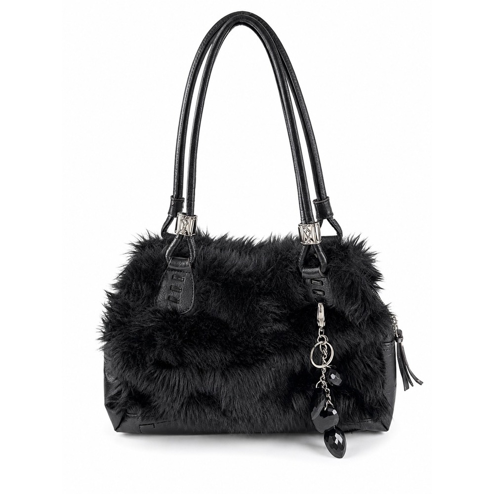 Kathy Van Zeeland Vintage Y2K Black Faux Fur Shoulder Bag (FAIR)